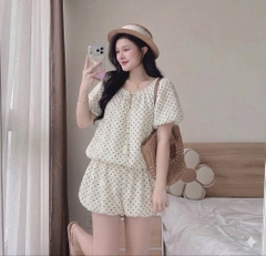 Set kiểu chấm bi quần áo bí phồng ngắn cột nơ ngực