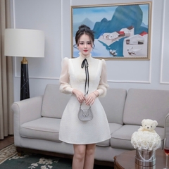 Đầm cổ tròn cao phối dạ dáng chữ A ngắn tay dài voan