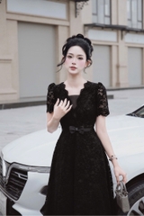 Đầm thiết kế cổ V ren thắt eo nơ cao cấp