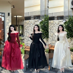 Đầm thiết kế trễ vai ren phối voan viền lông