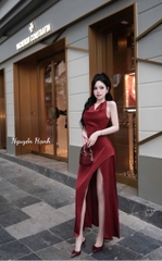 Đầm cột nơ cổ lụa xẻ tà