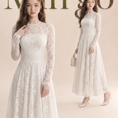 Đầm thiết kế cổ tròn ren tay dài dáng dài