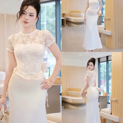 Đầm thiết kế ren body cổ tròn dáng dài thanh lịch
