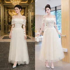 Đầm thiết kế 2 dây trễ vai phối voan dáng dài