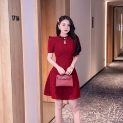 Đầm ren len cổ tròn chữ A dáng ngắn đỏ trắng