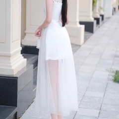 Đầm tay ren phối ngực ren dáng dài đơn giản thanh lịch chân voan cao cấp thiết kế đi tiệc