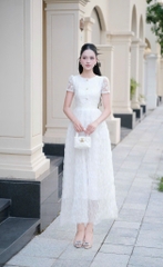 Đầm ren thiết kế cao cấp phối tay ren sang chảnh tầng voan lượn sóng dáng dài trắng kem cổ tròn