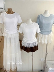 Áo kiểu thun giấy trễ vai phối dây ren