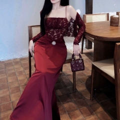 Đầm thiết kế ren 2 dây phối lụa kèm áo choàng ren
