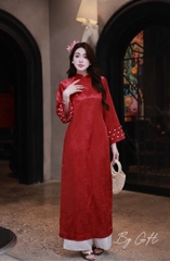 Áo dài gấm tay loe đính hoa quần lưng thun H