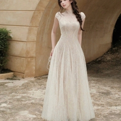 Đầm thiết kế ren cao cổ dáng dài xoè