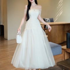 Đầm thiết kế cao cấp trễ vai voan phối ren dáng dài xoè sang