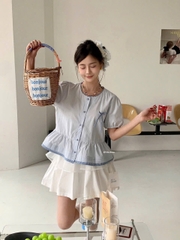 Áo kiểu somi kẻ viền tay ngắn phồng thắt nơ
