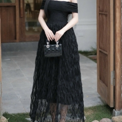 Đầm đi tiệc trễ vai bảng ngực xoè sóng dáng dài