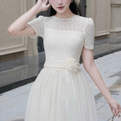 Đầm cổ tròn phối ren dáng dài xoè cao cấp tay ngắn đi tiệc 3 màu kem/ trắng/đen