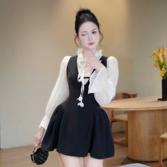 Đầm thiết kế dáng A phối voan tiểu thư cổ bèo