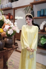 Áo dài gấm sò điệp phom xuông 2 tà gắn 3 nơ cao cấp