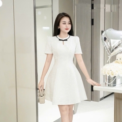 Đầm ren len cổ tròn chữ A dáng ngắn đỏ trắng