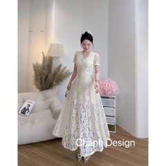 Đầm thiết kế ren cổ V dáng dàng