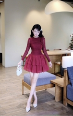 Đầm cổ tròn tay dài ren dáng xoè 2 tầng