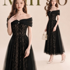 Đầm thiết kế trễ vai đính đá trước ngực  ren tùng xoè