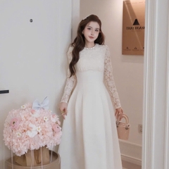 Đầm dạ phối ren cổ tròn viền ngọc tay dài cao cấp