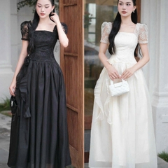 Đầm tay ngắn bồng phối ren dáng dài phối hoa cao cấp đi tiệc sang chảnh