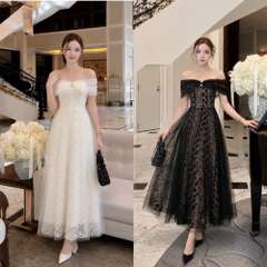 Đầm thiết kế trễ vai đính đá trước ngực  ren tùng xoè