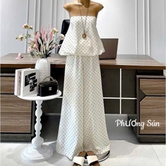 Set kiểu chấm bi áo ống quần suông rộng