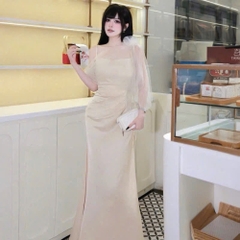 Đầm thiết kế lụa choàng lưới lệch vai đính hoa
