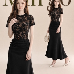 Đầm thiết kế ren body cổ tròn dáng dài thanh lịch