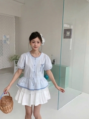 Áo kiểu somi kẻ viền tay ngắn phồng thắt nơ