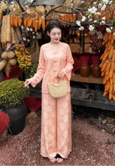 Đồ lam lụa cổ tròn nơ ngọc trai dọc tay áo cổ tàu
