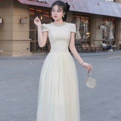 Đầm thiết kế dạ cổ tròn đính đá dáng dài phối tơ