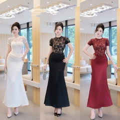 Đầm thiết kế ren body cổ tròn dáng dài thanh lịch