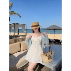 Đầm 2 dây ren cột nơ ngực kèm khoác ngoài