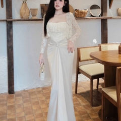 Đầm thiết kế ren 2 dây phối lụa kèm áo choàng ren