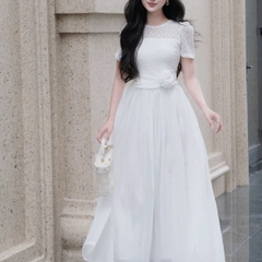 Đầm cổ tròn phối ren dáng dài xoè cao cấp tay ngắn đi tiệc 3 màu kem/ trắng/đen