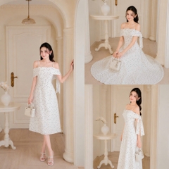 Đầm thiết kế 2 dây trễ vai nơ bên vai chấm bi