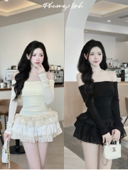 Set trễ vai tay dài chân váy tầng pl