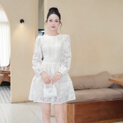 Đầm tay dài bồng cổ tròn thiết kế xoè ngắn xếp li ngực