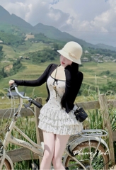 Đầm 2 dây nơ tầng kèm khoác pl