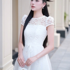 Đầm tay ren phối ngực ren dáng dài đơn giản thanh lịch chân voan cao cấp thiết kế đi tiệc