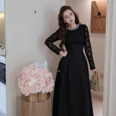 Đầm dạ phối ren cổ tròn viền ngọc tay dài cao cấp