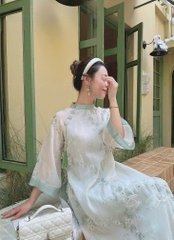 Áo dài voan tơ thêu xanh ngọc