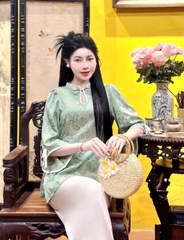 Bộ lam cổ bầu tay lửng +
 nơ