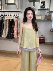 Set đồ lam kiểu 2 dây phối màu đính đá ngọc trai màu trước ngực