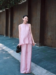 Set đồ lam áo ba lỗ cúc sau lưng quần suông lụa