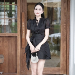 Đầm thiết kế voan cổ cao tay ngắn phối dây voan hoa size dưới 65kg 3 màu xám xanh/ đen/ kem