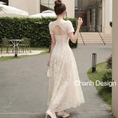 Đầm thiết kế ren cổ tròn phối nơ đen dáng dài